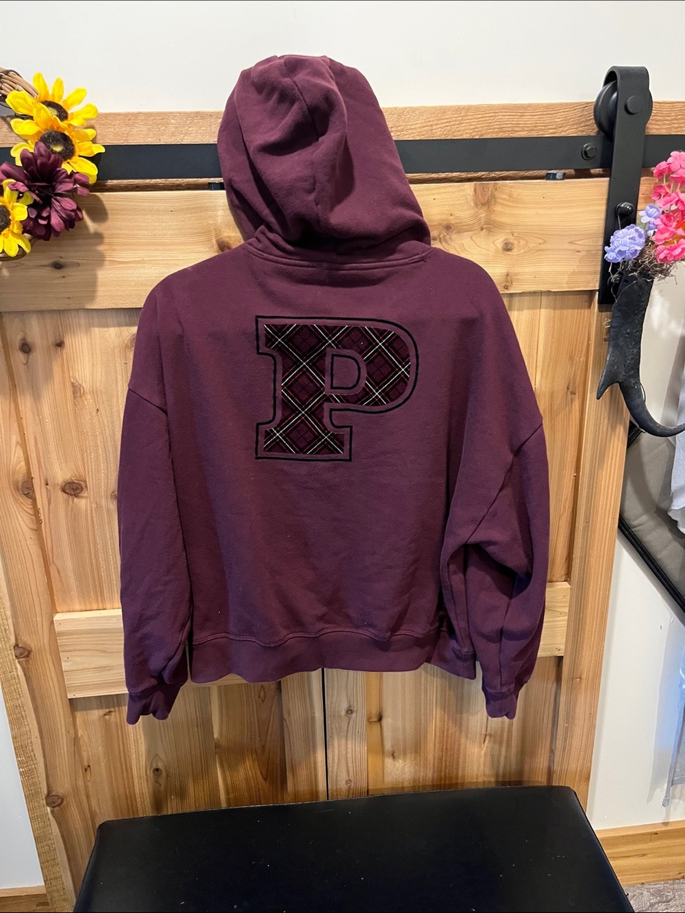 PINK Victoria's Secret Plum Pullover Hoodie with Plaid 'P' Patch